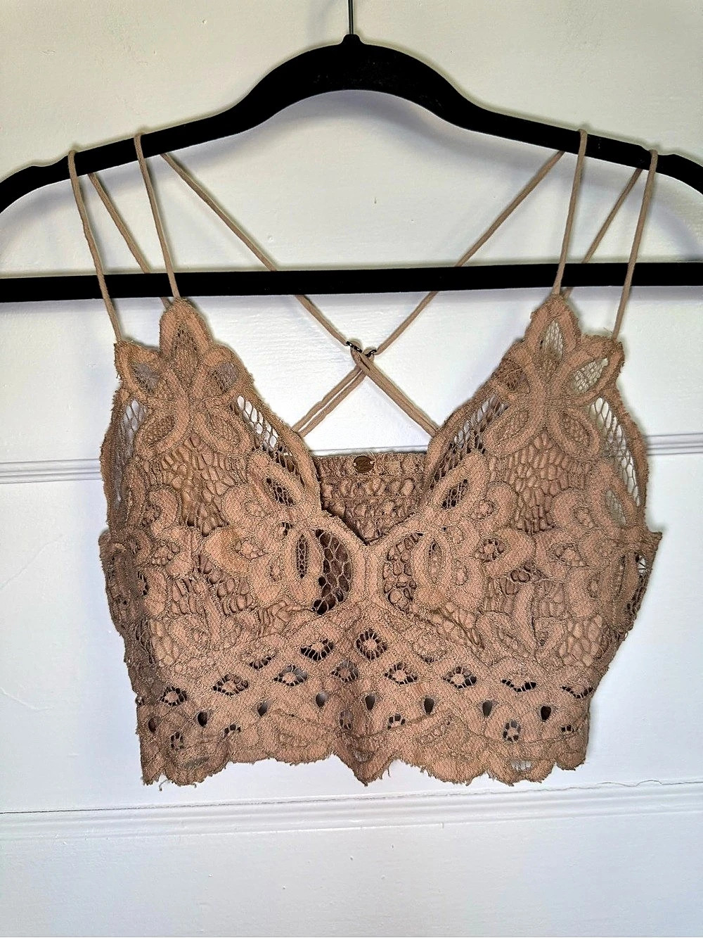 Free People Adella Bralette Lace Smocked Tan Boho-Chic Festival Fairy XS/S